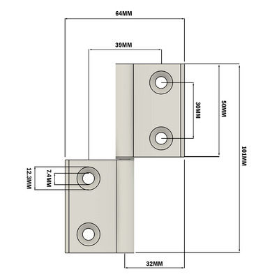 51-300-3SS MODULAR SOLUTIONS LIFTOFF ALUMINUM HINGE 64MM X 101MM X 4MM COUNTERSUNK HOLES, S.S. HARDWARE